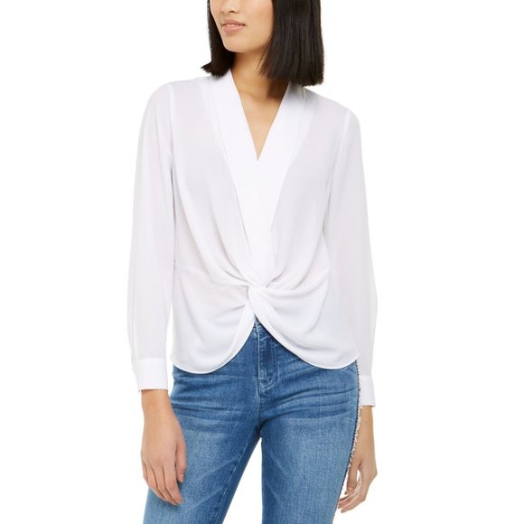 INC Womens White Gathered Front Long Sleeve Collared Top - Small - NWT - Picture 1 of 3